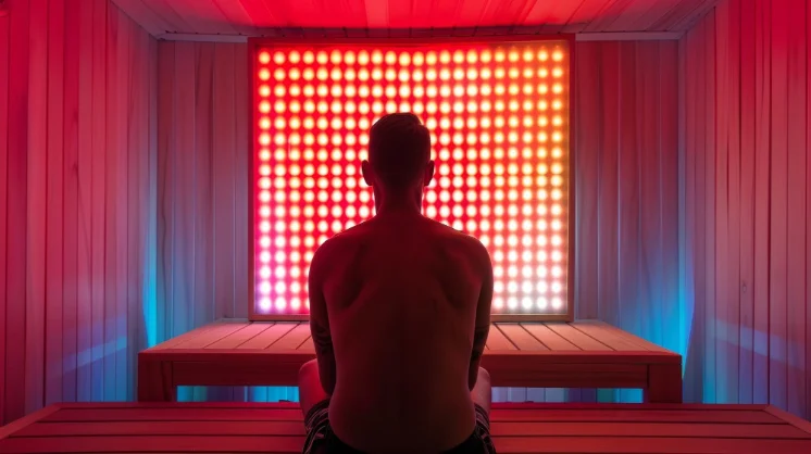 A person seated in a wooden cabin facing a red-light therapy panel