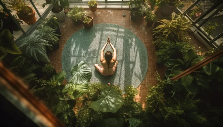 Overhead view of a woman practising yoga in a plant-filled courtyard