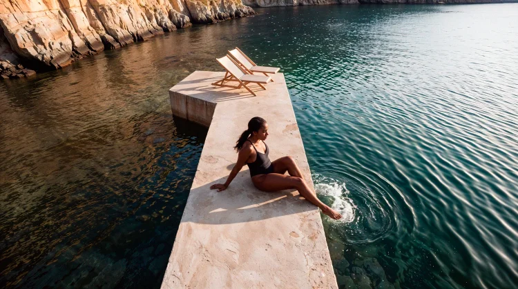 A woman sitting on a stone jetty at the edge of clear sea water
